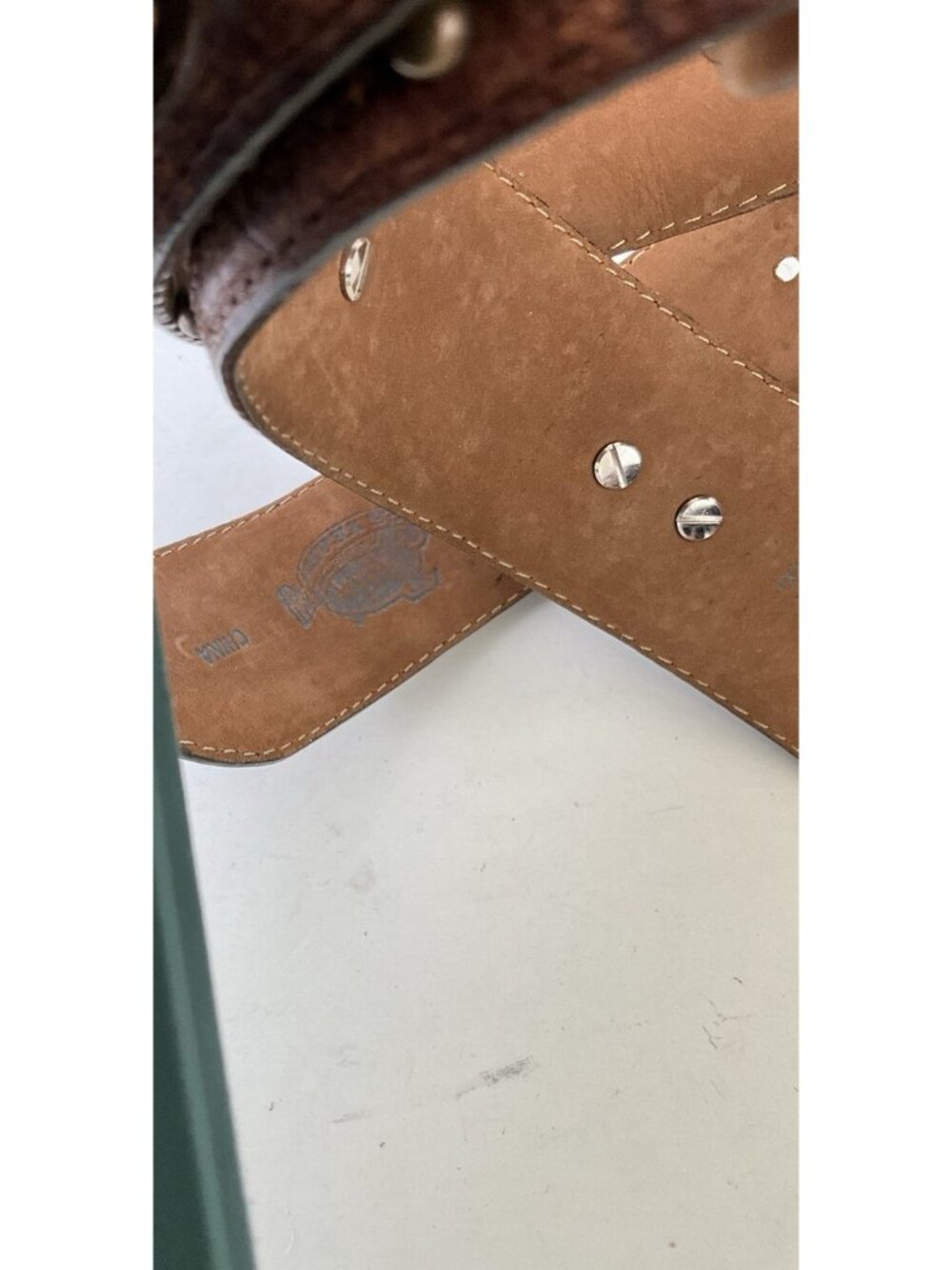 Justin Boots Brown Leather Studded Belt Rhinestone Cross Buckle Western Size 36 - Picture 6 of 6